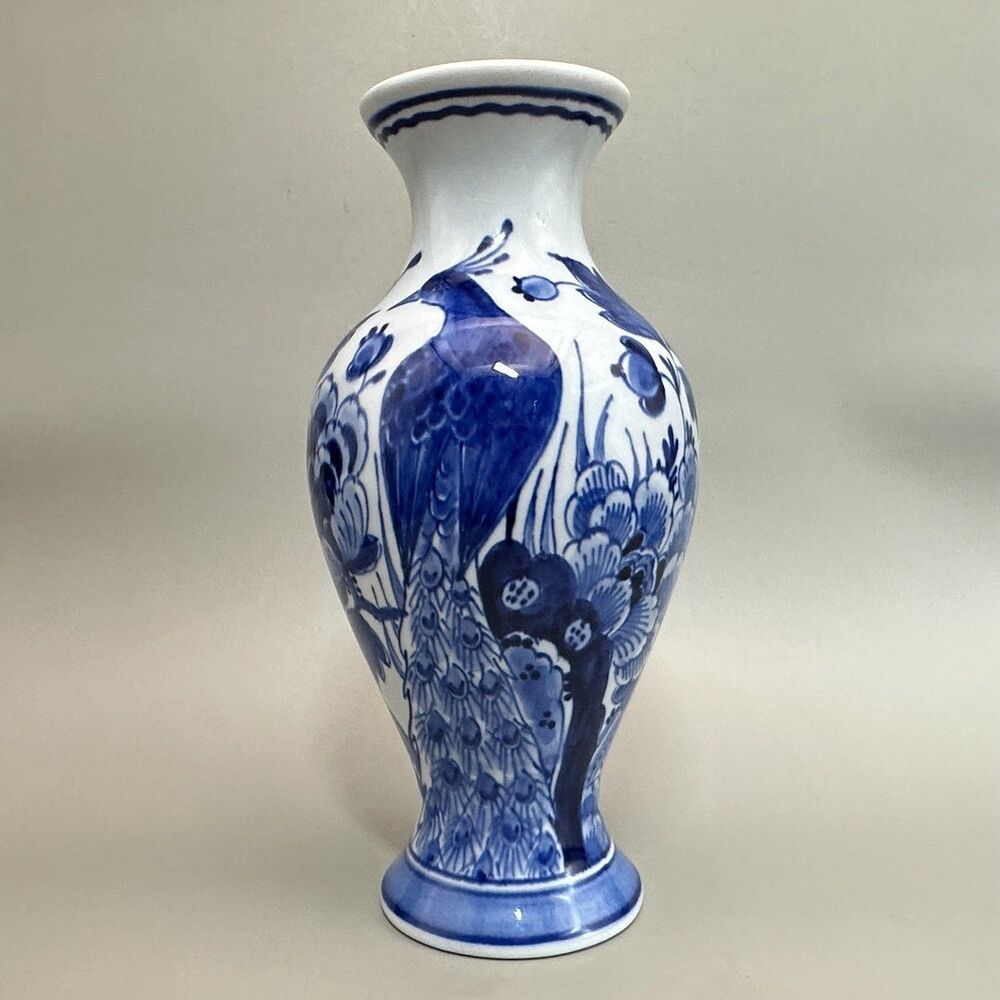 Koninklijke Porceleyne Fles Royal Delft Hand Painted Peacock Vase Vintage 6in